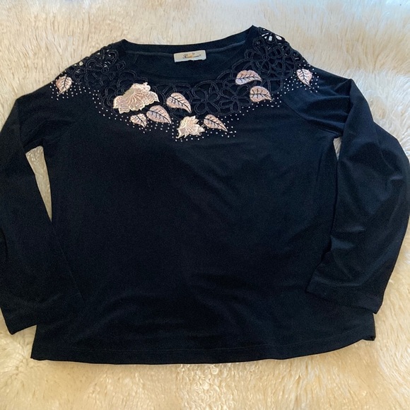 Black Embellished Long Sleeve Blouse with cut out collar - Picture 1 of 9